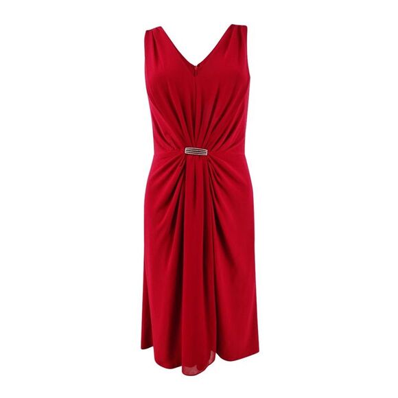 Lauren Ralph Lauren Women's Petite Crystal-Brooch Gathered Dress - Red - Picture 1 of 2